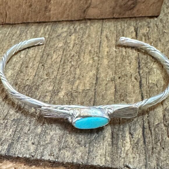 Navajo Sterling Silver & Kingman Turquoise Cuff Bracelet, Stamped - Picture 5 of 9